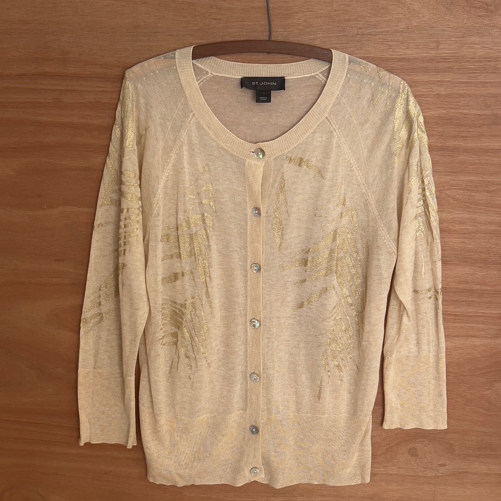 ST. JOHN Beige Semi-Sheer Thin Knit Cardigan Sweater Sz L Metallic‎ Gold Print
